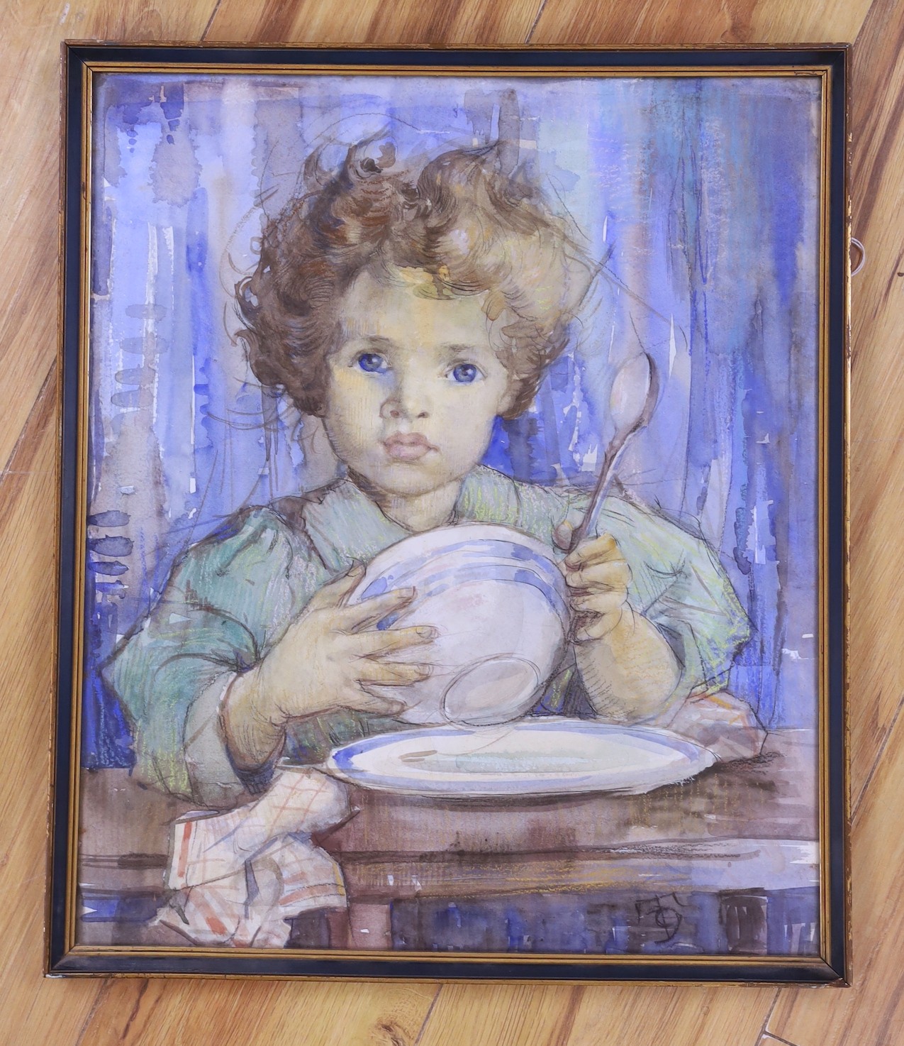 Roy Thompson, watercolour and pastel, Portrait of a child holding a bowl and spoon, monogrammed with labels verso, 45 x 38cm